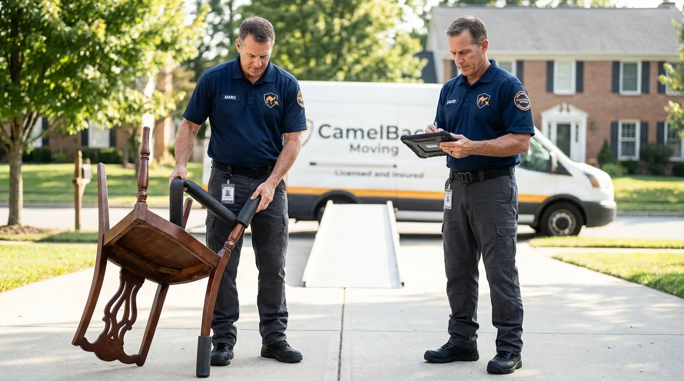 Movers inspecting furniture for damage prevention before loading in Lovettsville, VA