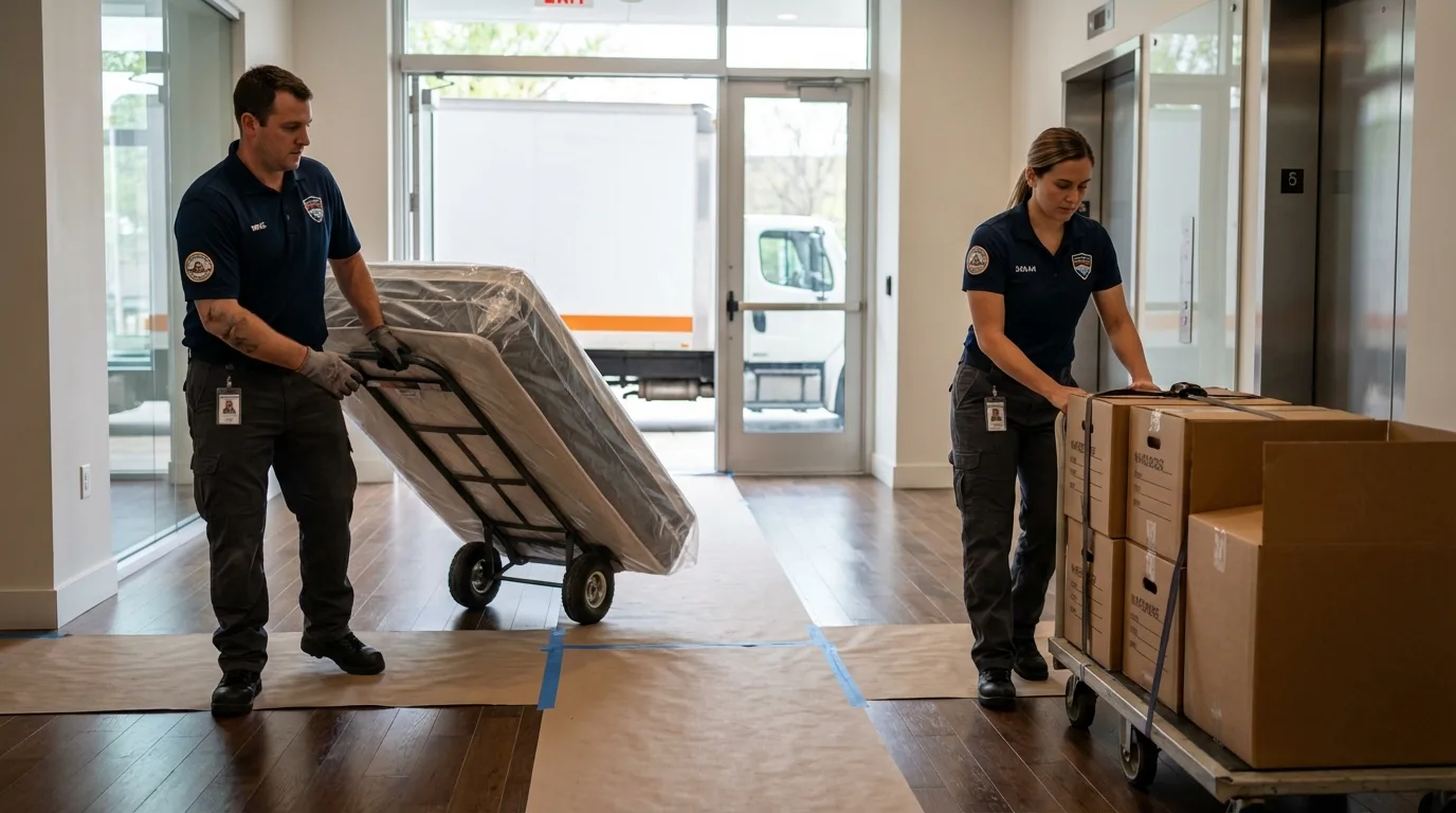 Professional apartment movers loading elevator in Lovettsville, VA