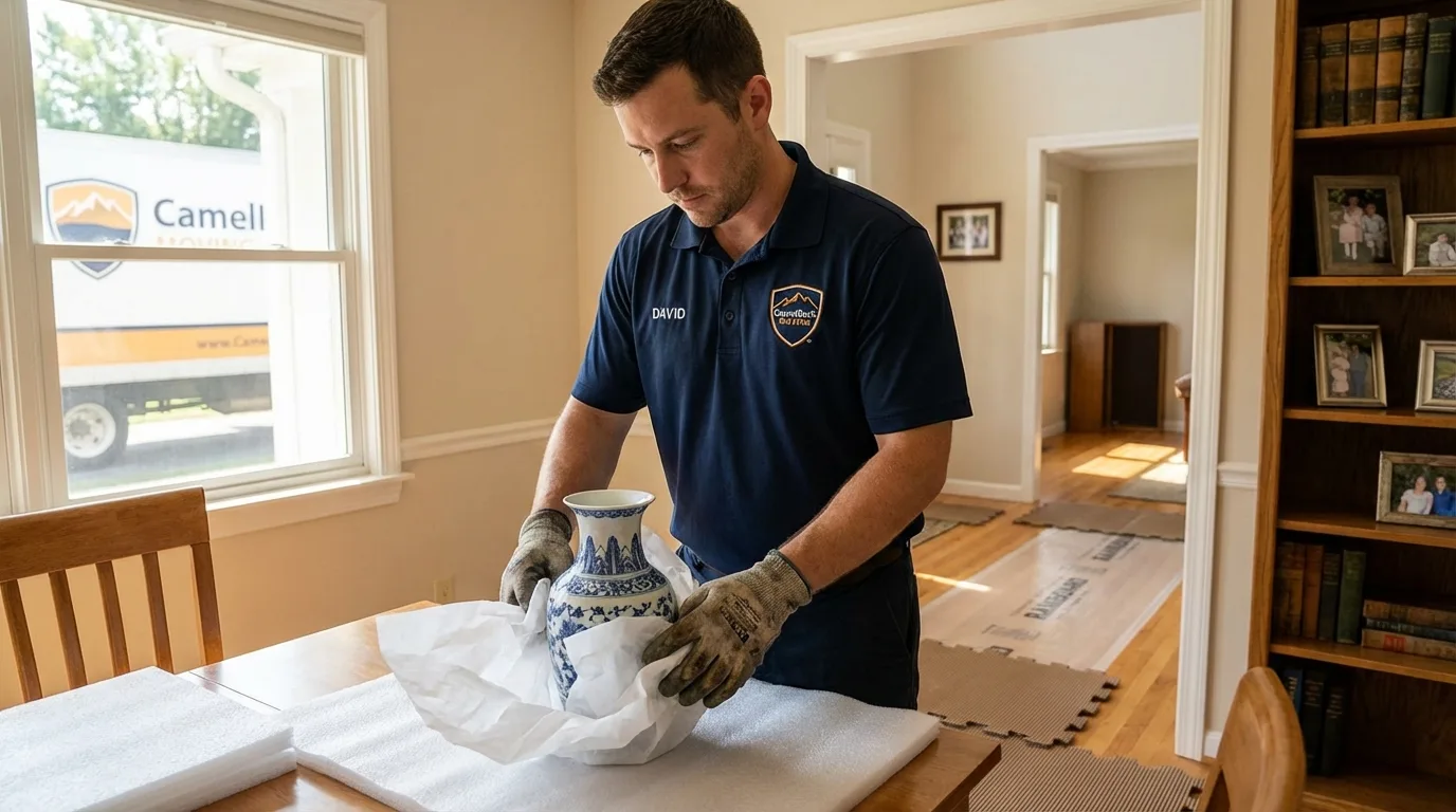 Professional crew carefully wrapping antique vase for senior downsizing move in Lovettsville, VA